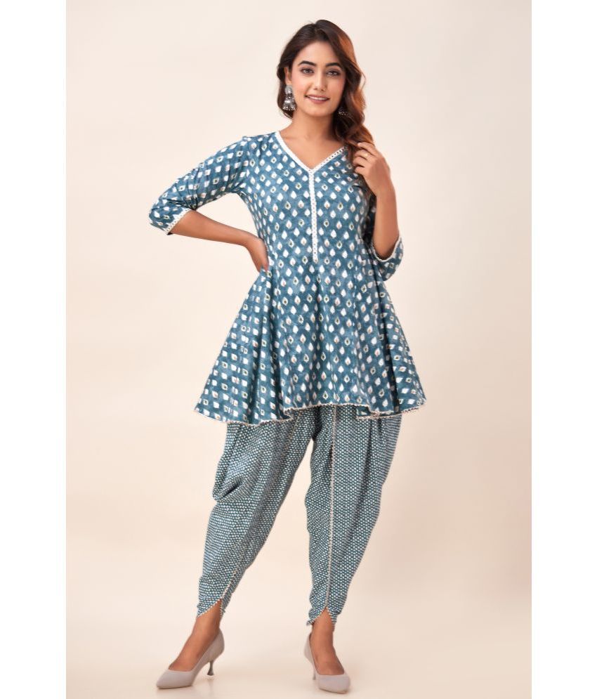     			FabbibaPrints Cotton Printed Kurti With Dhoti Pants Women's Stitched Salwar Suit - Teal ( Pack of 1 )