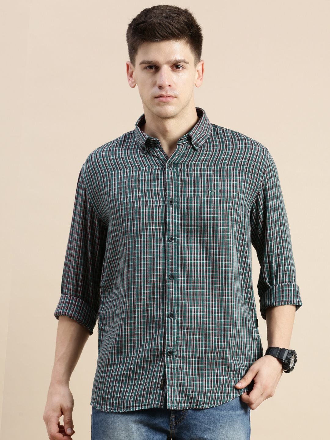     			Showoff Cotton Blend Regular Fit Checks Full Sleeves Men's Casual Shirt - Green ( Pack of 1 )