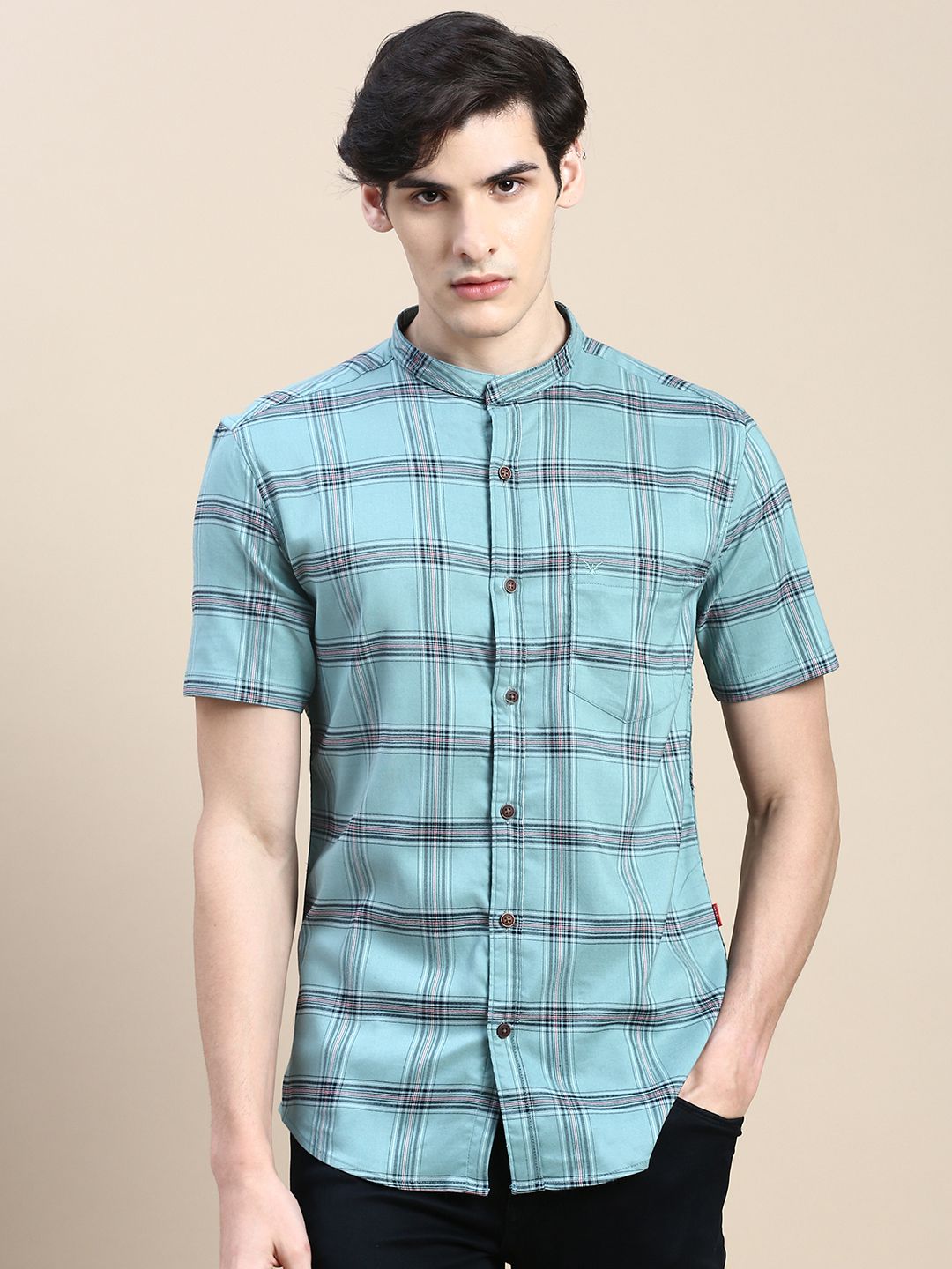     			Showoff Cotton Blend Regular Fit Checks Half Sleeves Men's Casual Shirt - Sea Green ( Pack of 1 )