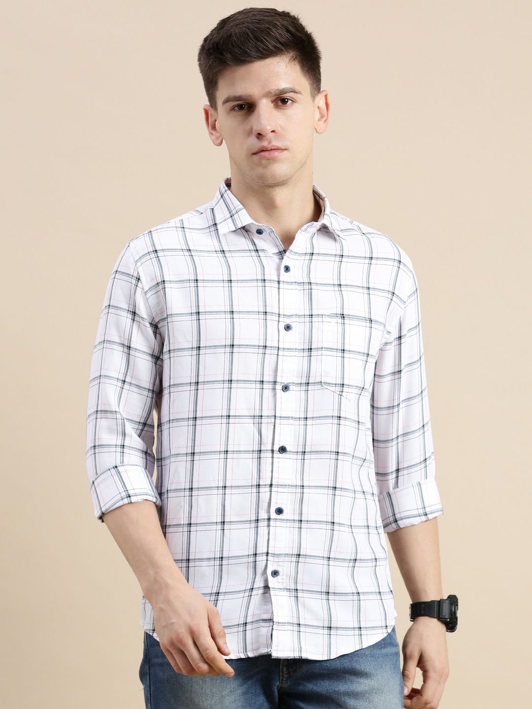     			Showoff Cotton Blend Regular Fit Checks Full Sleeves Men's Casual Shirt - Off-White ( Pack of 1 )