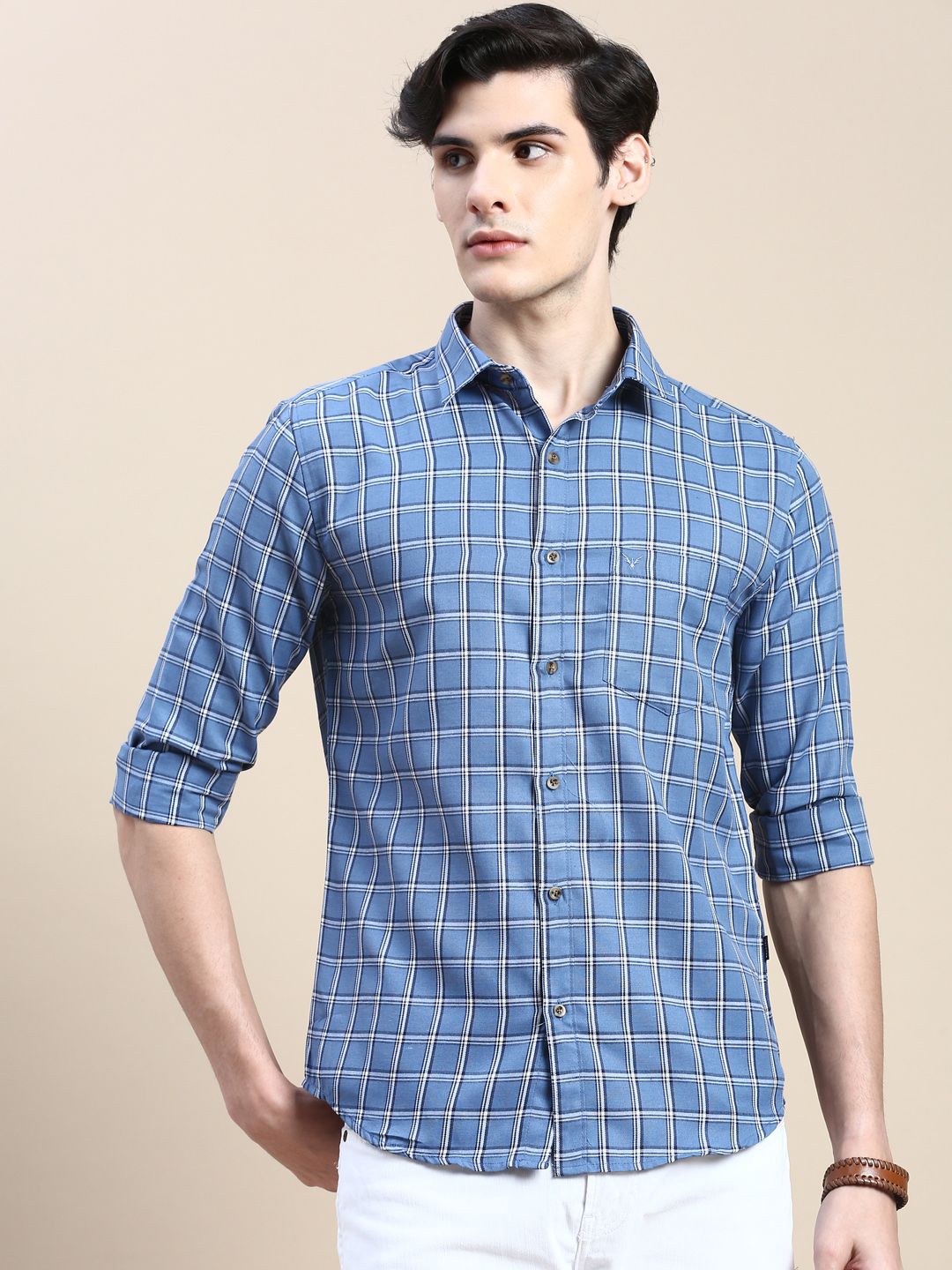     			Showoff Cotton Blend Regular Fit Checks Full Sleeves Men's Casual Shirt - Blue ( Pack of 1 )