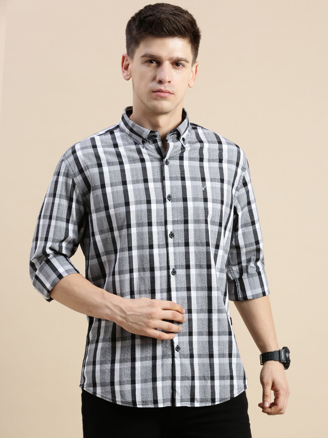     			Showoff Cotton Blend Regular Fit Checks Full Sleeves Men's Casual Shirt - Grey ( Pack of 1 )