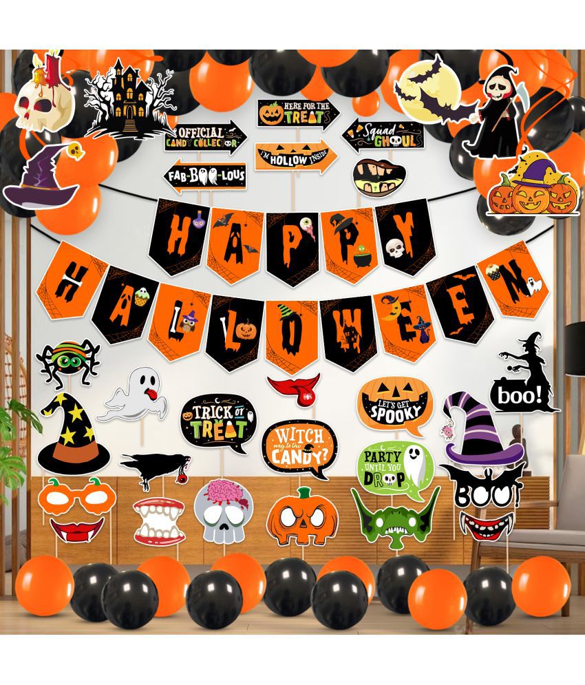     			Zyozi Halloween Theme Decorations / Halloween Party Decorations Items - Halloween Theme Banner, Black Orange Balloons Set, Swirls Hangings And Photo Booth Props ( Pack Of 57)