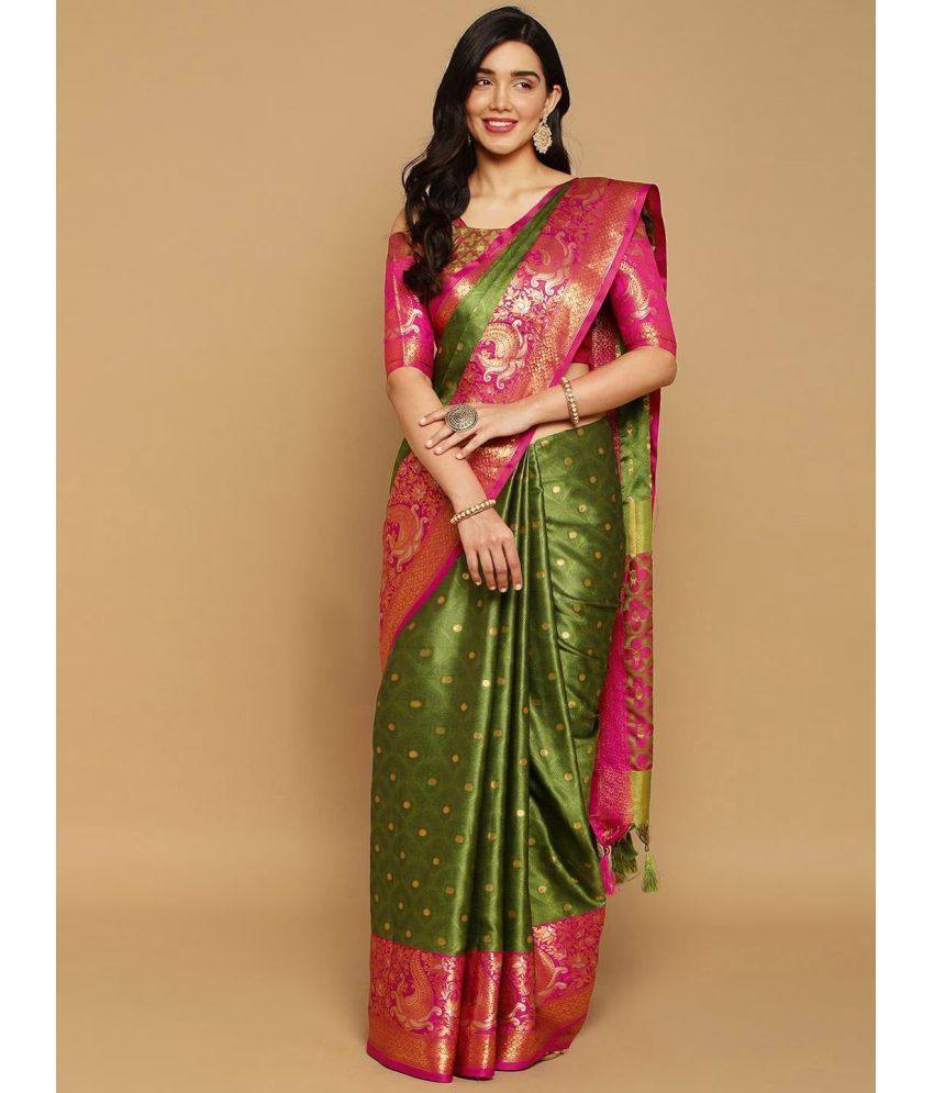     			Rangita Women Zari Work Embellished Banarasi Silk Saree with Blouse Piece - Green