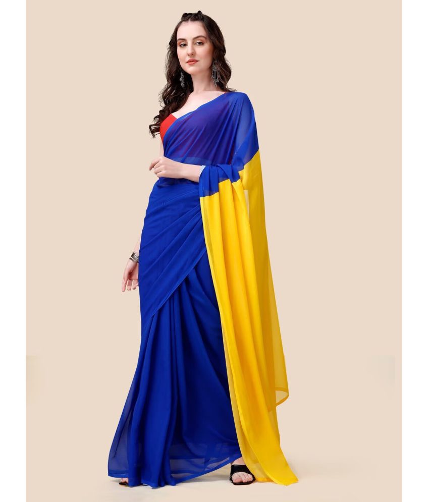     			Rangita Women Colorblock Georgette Saree with Blouse Piece - Navy Blue