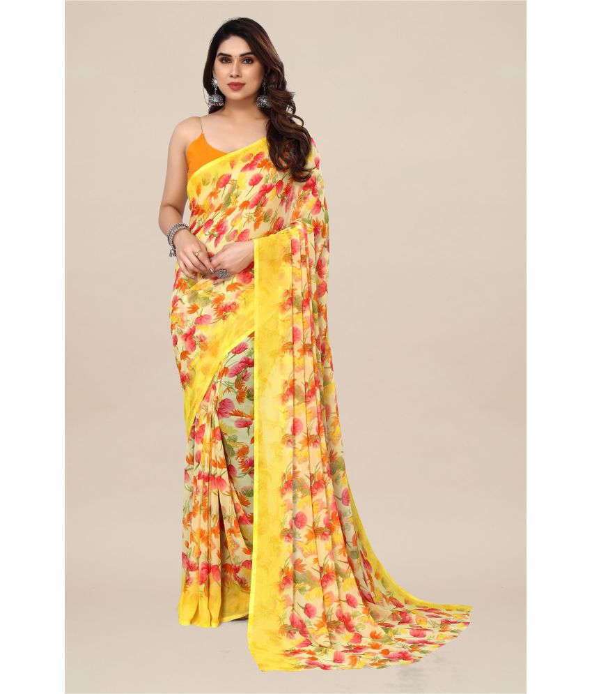     			Kashvi Sarees Georgette Printed Saree Without Blouse Piece - Yellow ( Pack of 1 )