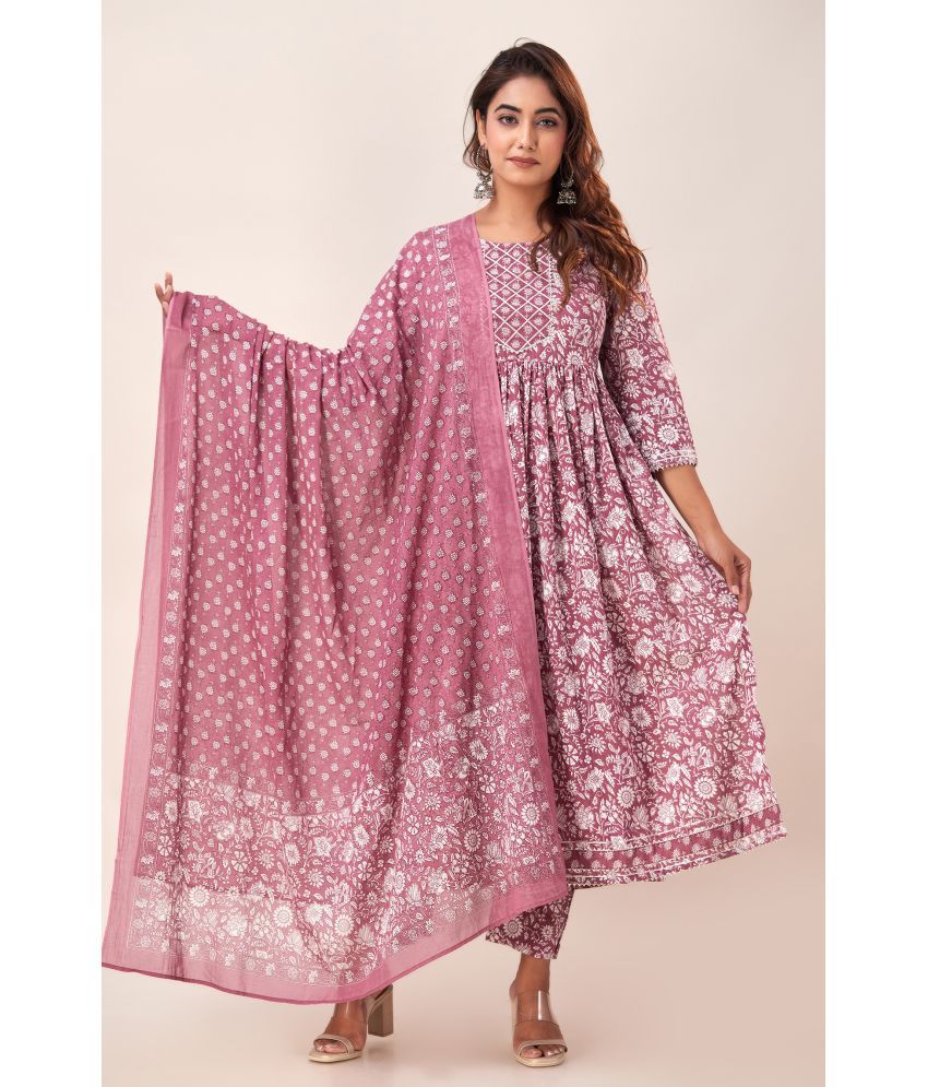     			FabbibaPrints Cotton Printed Kurti With Pants Women's Stitched Salwar Suit - Mauve ( Pack of 1 )