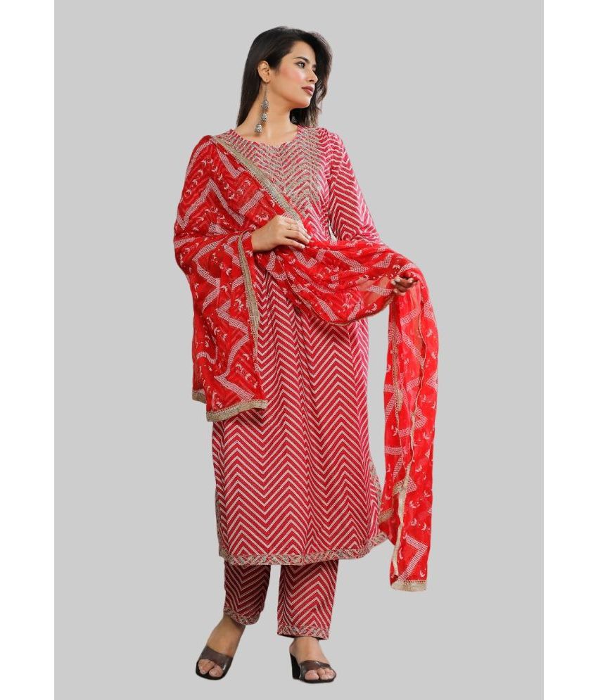     			MF Hayat Rayon Embroidered Kurti With Pants Women's Stitched Salwar Suit - Red ( Pack of 1 )