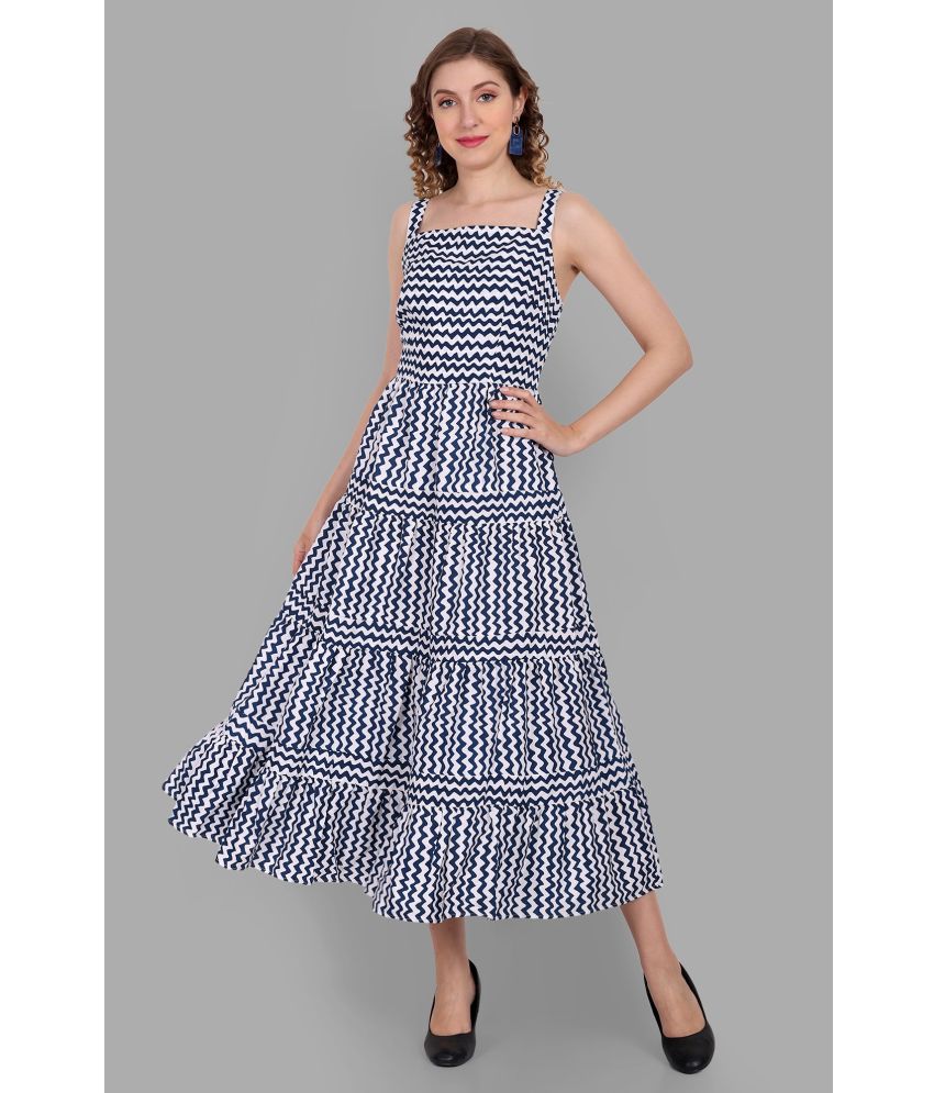     			PRIJHON Cotton Blend Printed Full Length Women's Fit & Flare Dress - Blue ( Pack of 1 )