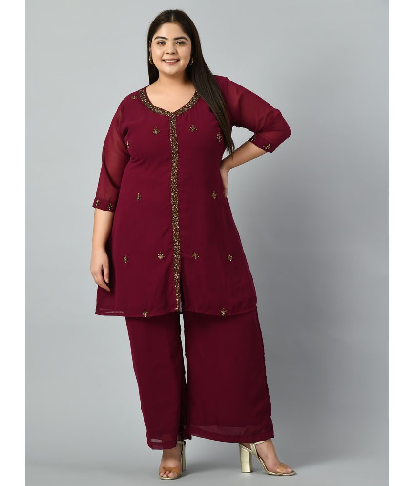     			PrettyPlus by Desinoor.com Georgette Embroidered Kurti With Palazzo Women's Stitched Salwar Suit - Wine ( Pack of 1 )