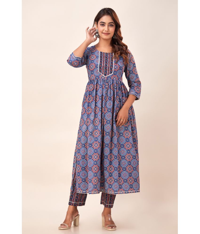     			SVARCHI Cotton Printed Anarkali Women's Kurti - Blue ( Pack of 1 )