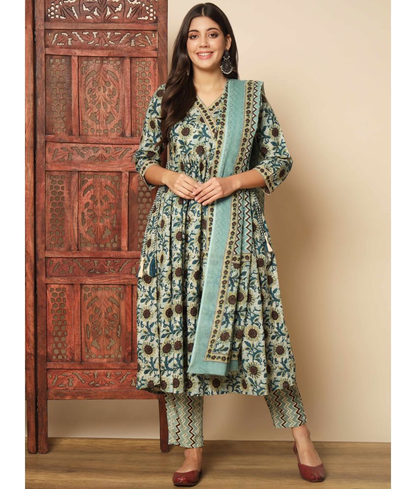     			Vbuyz Cotton Printed Kurti With Pants Women's Stitched Salwar Suit - Teal ( Pack of 1 )