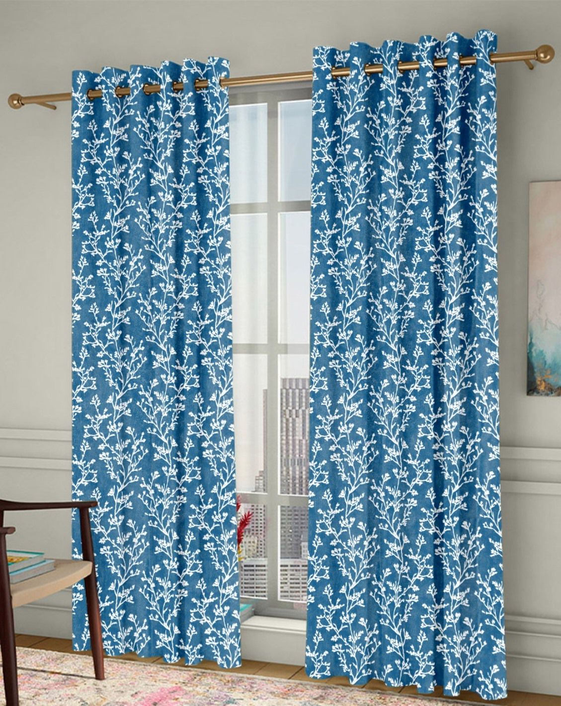     			Homefab India Floral Room Darkening Eyelet Curtain 5 ft ( Pack of 2 ) - Blue