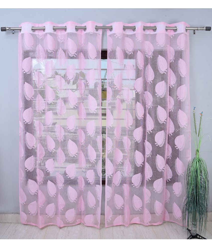     			Homefab India Floral Sheer Eyelet Curtain 5 ft ( Pack of 2 ) - Pink