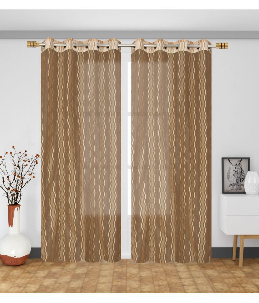     			Homefab India Vertical Striped Sheer Eyelet Curtain 5 ft ( Pack of 2 ) - Beige