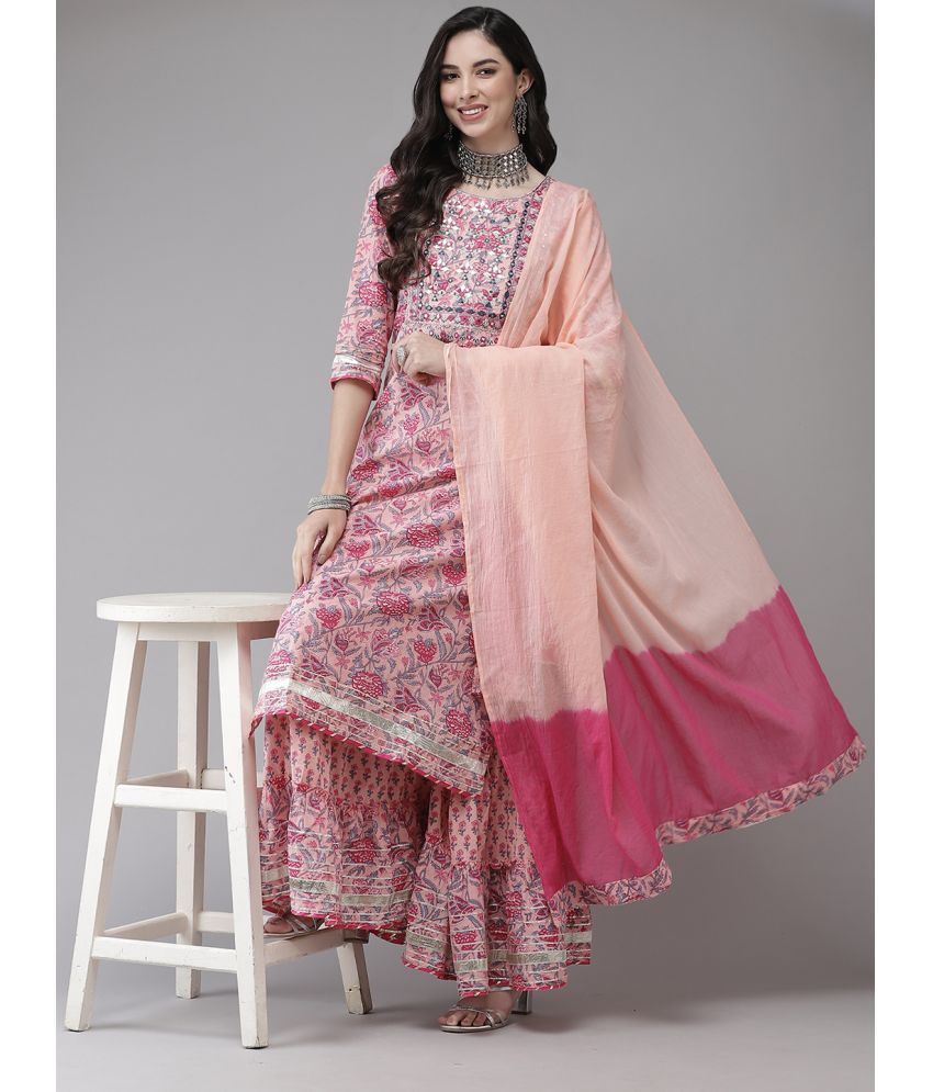     			Ishin Cotton Blend Embroidered Ethnic Top With Pants Women's Stitched Salwar Suit - Pink ( Pack of 1 )