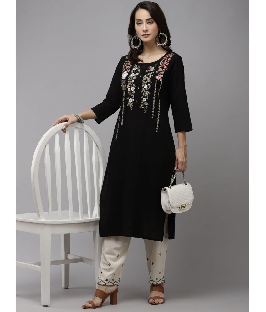     			Ishin Cotton Embroidered Ethnic Top With Pants Women's Stitched Salwar Suit - Black ( Pack of 1 )