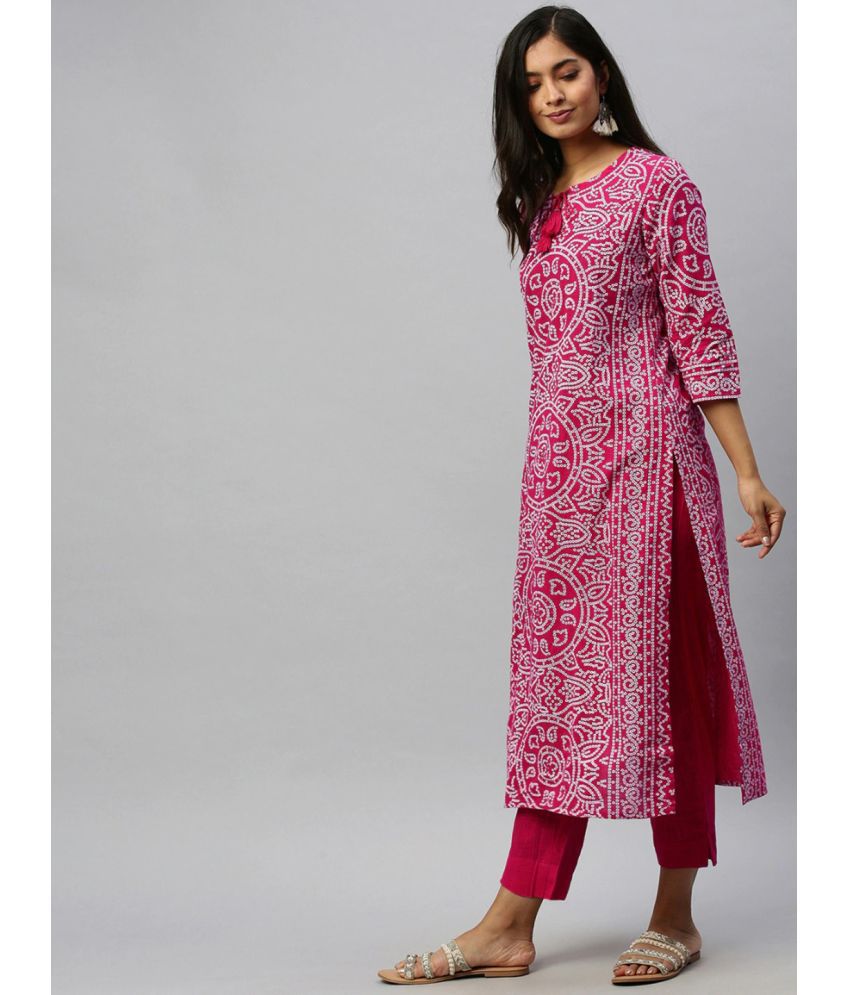     			Ishin Cotton Printed Ethnic Top With Pants Women's Stitched Salwar Suit - Pink ( Pack of 1 )