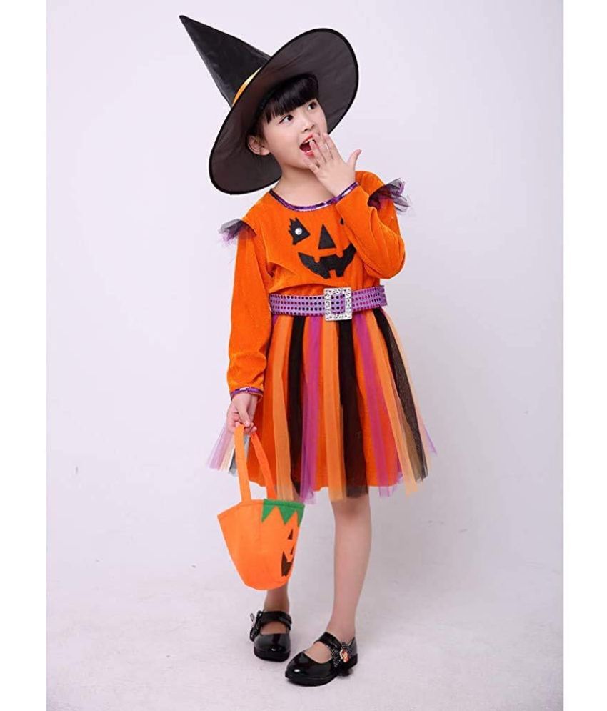     			Kaku Fancy Dresses Halloween Pumpkin Dress with Hat and Candy Basket Halloween Costume for Girls - Orange, 7-8 Years