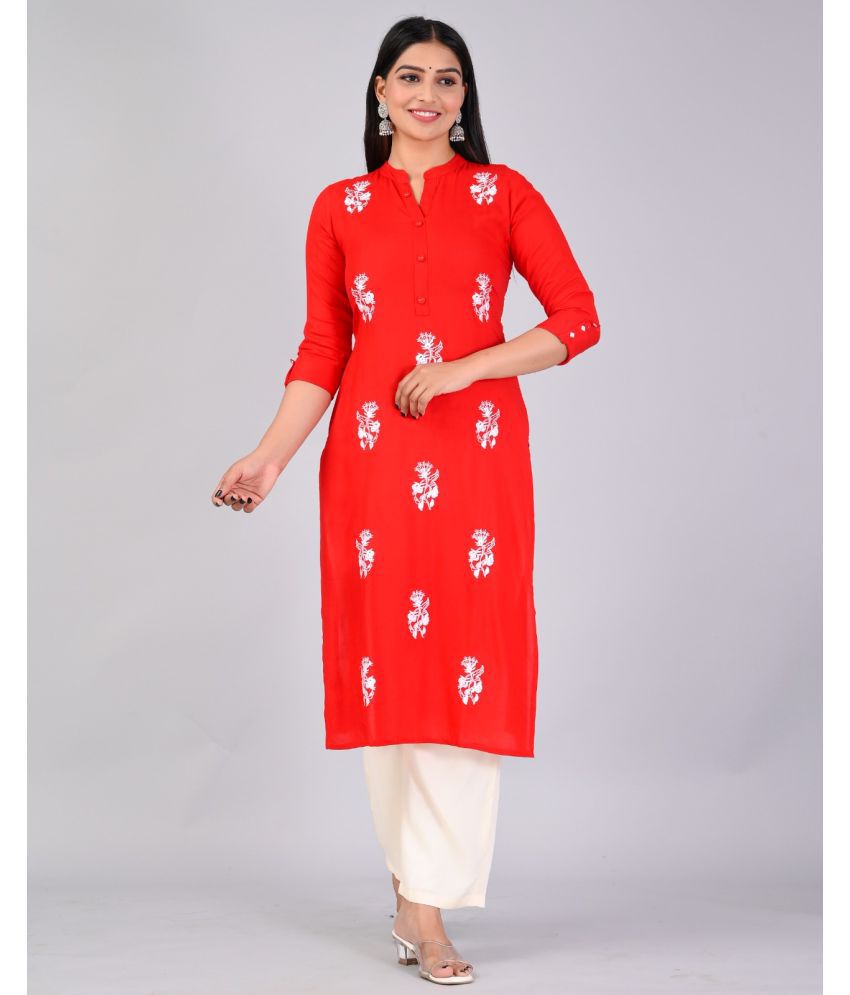     			MAUKA Rayon Embroidered Kurti With Palazzo Women's Stitched Salwar Suit - Red ( Pack of 1 )