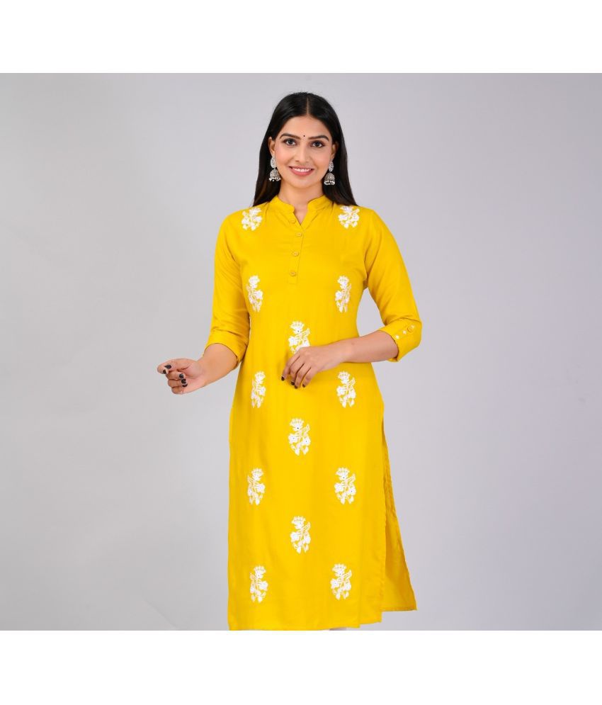     			MAUKA Rayon Embroidered Straight Women's Kurti - Yellow ( Pack of 1 )