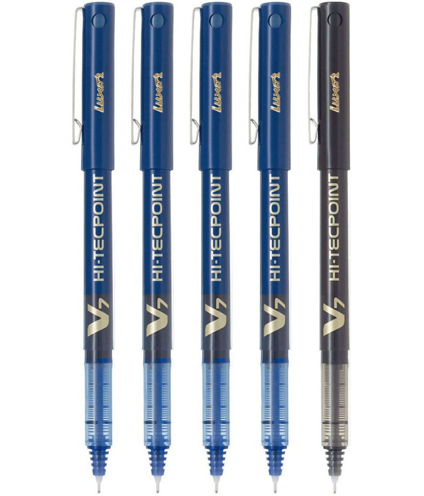     			Pilot Hi-Tecpoint V7 Roller Ball Pen with 0.7mm tip, Pure liquid ink for smooth skip-free writing | Pack of 5 (4 Blue, 1 Black) - Pack of 5
