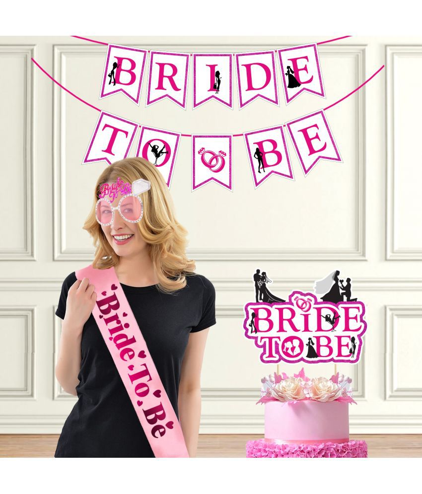     			Zyozi Bridal Shower & Bachelorette Party Set - Bride To Be Banner with Bride to Be Sash, Cake Topper & Eye Glass (Pack of 4)