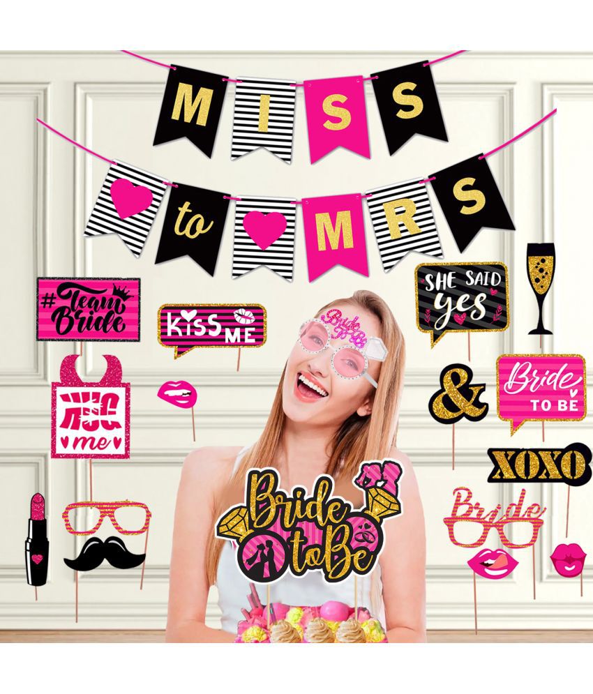     			Zyozi Bridal Shower & Wedding Party Decorations Set - Miss to Mrs Banner, Photo Booth Props , Eye Glass & Cake Topper (Pack Of 18)