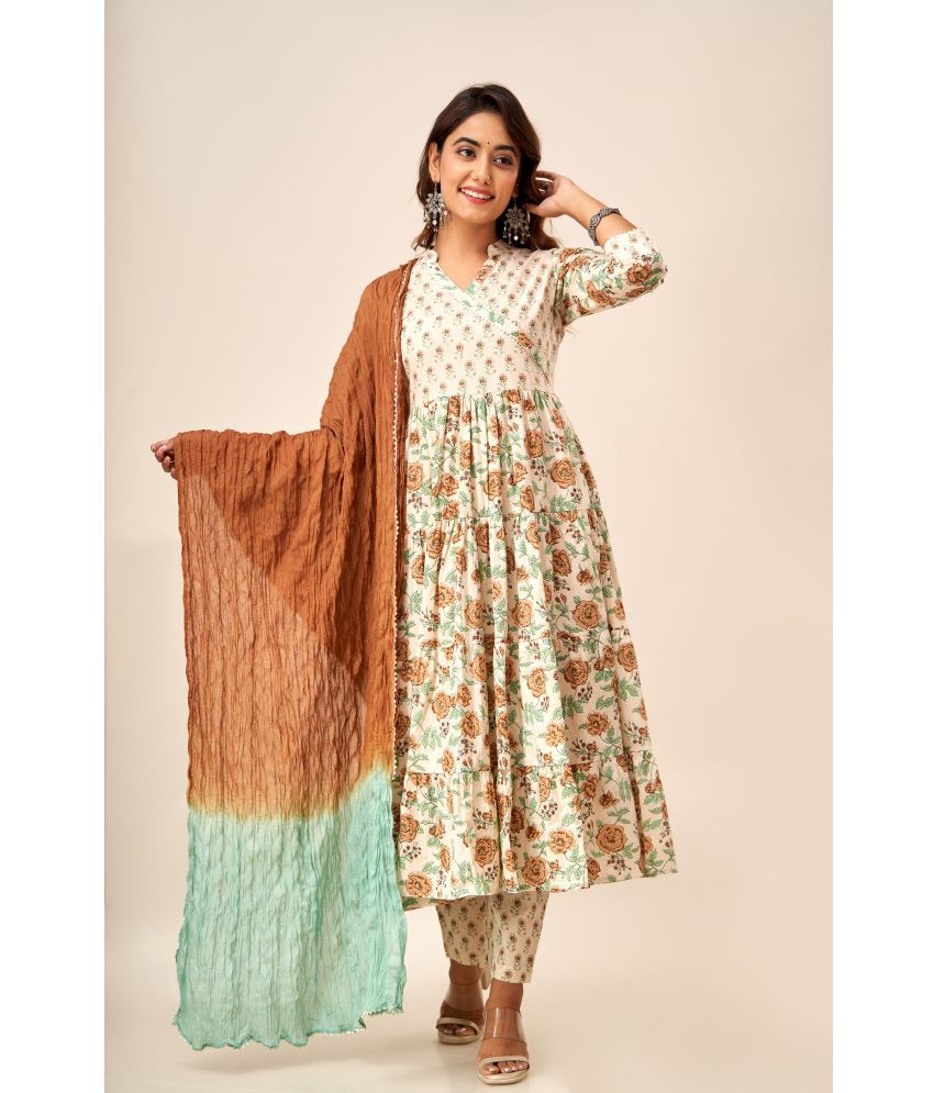     			FabbibaPrints Cotton Printed Kurti With Pants Women's Stitched Salwar Suit - Beige ( Pack of 1 )