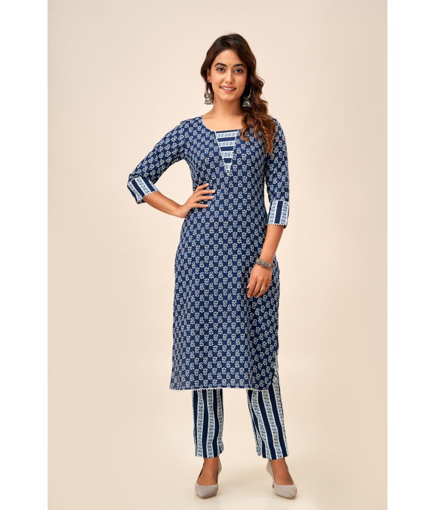     			FabbibaPrints Cotton Printed Kurti With Pants Women's Stitched Salwar Suit - Blue ( Pack of 1 )