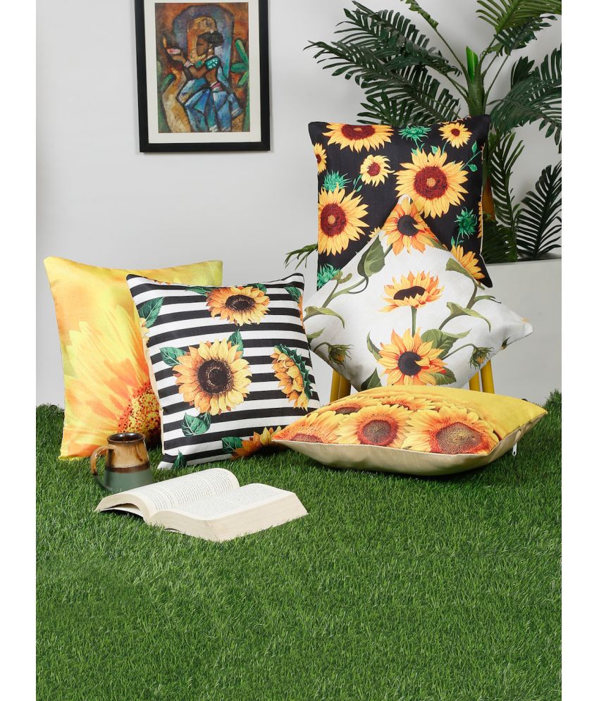     			HOMETALES Set of 5 Jute Floral Square Cushion Cover (40X40)cm - Multi