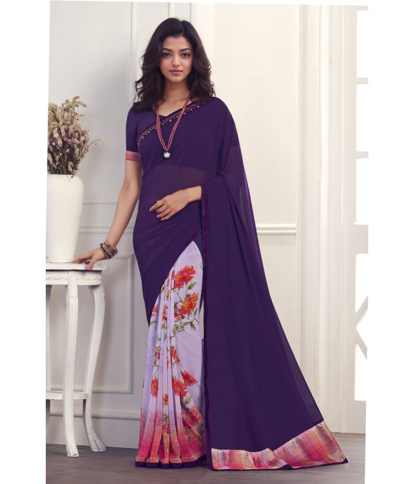     			Rangita Half & Half Printed Georgette Saree With Lace Border & Blouse Piece - Purple
