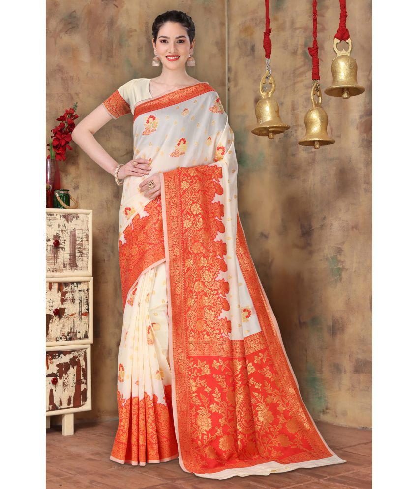     			Rangita Festive Silk Saree With Blouse Piece - Off White & Red