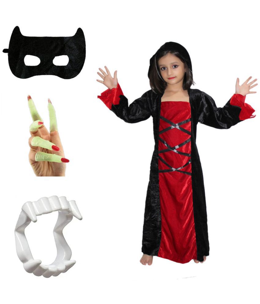     			Kaku Fancy Dresses Scary Halloween Cosplay Red Black Witch Costume Gown With Teeth, Face & Nail Set for Kids