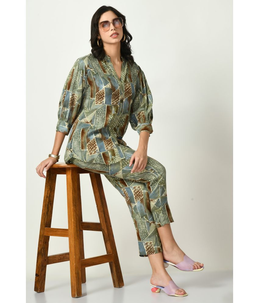     			Maurya Women's Green Abstract Co-ord Set Stylish Rayon 3/4 Sleeve Shirt and Pant Set | Top & Bottom Set for Women | Cord Set Cotton for Women with Pocket