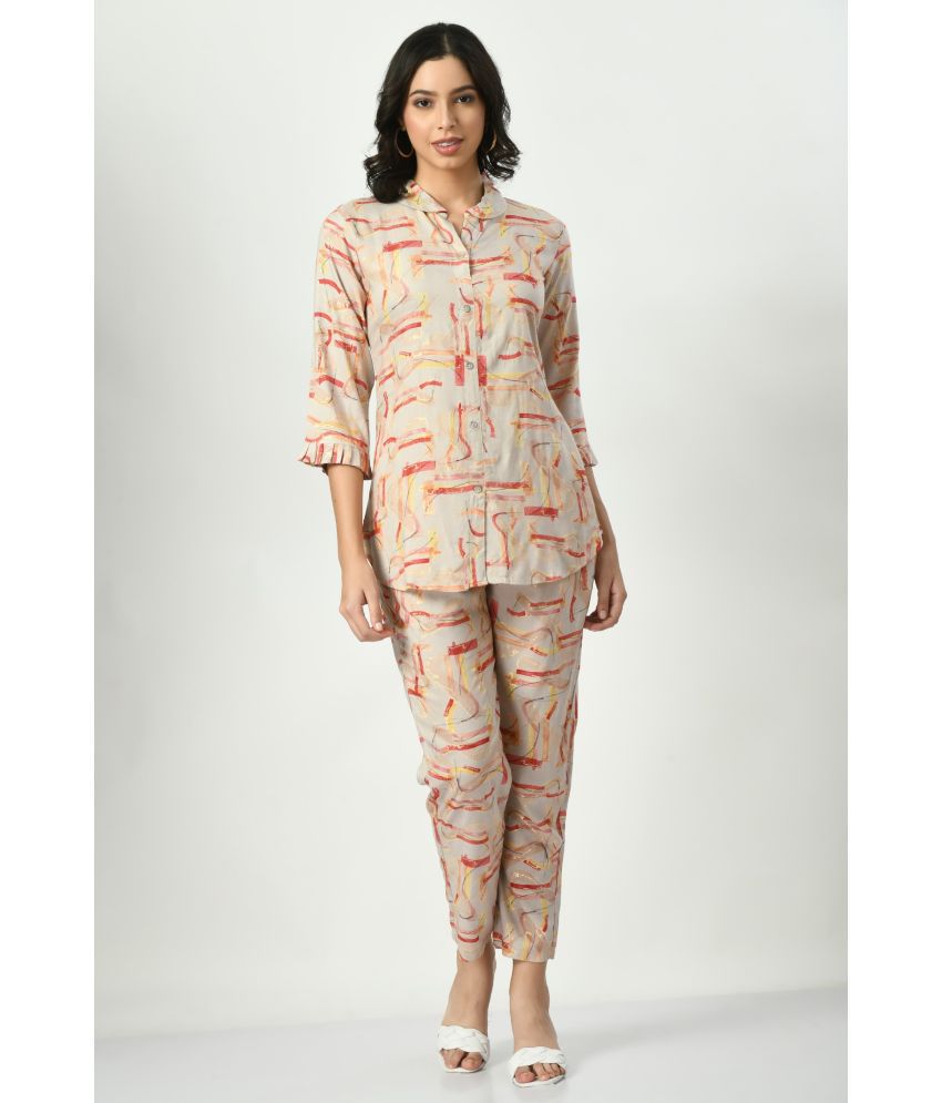     			Maurya Women's Grey Abstract Co-ord Set Stylish Rayon 3/4 Sleeve Shirt and Pant Set | Top & Bottom Set for Women | Cord Set Cotton for Women with Pocket