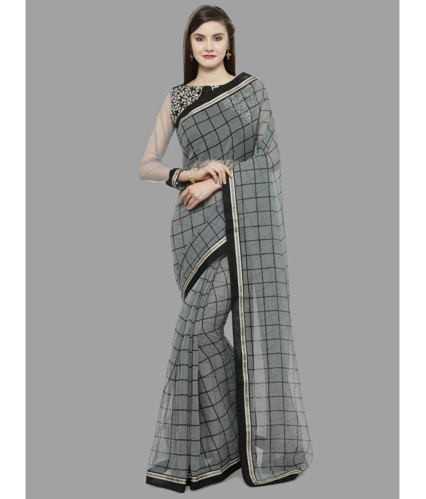     			Hritika Net Checks Saree With Blouse Piece - Grey ( Pack of 1 )