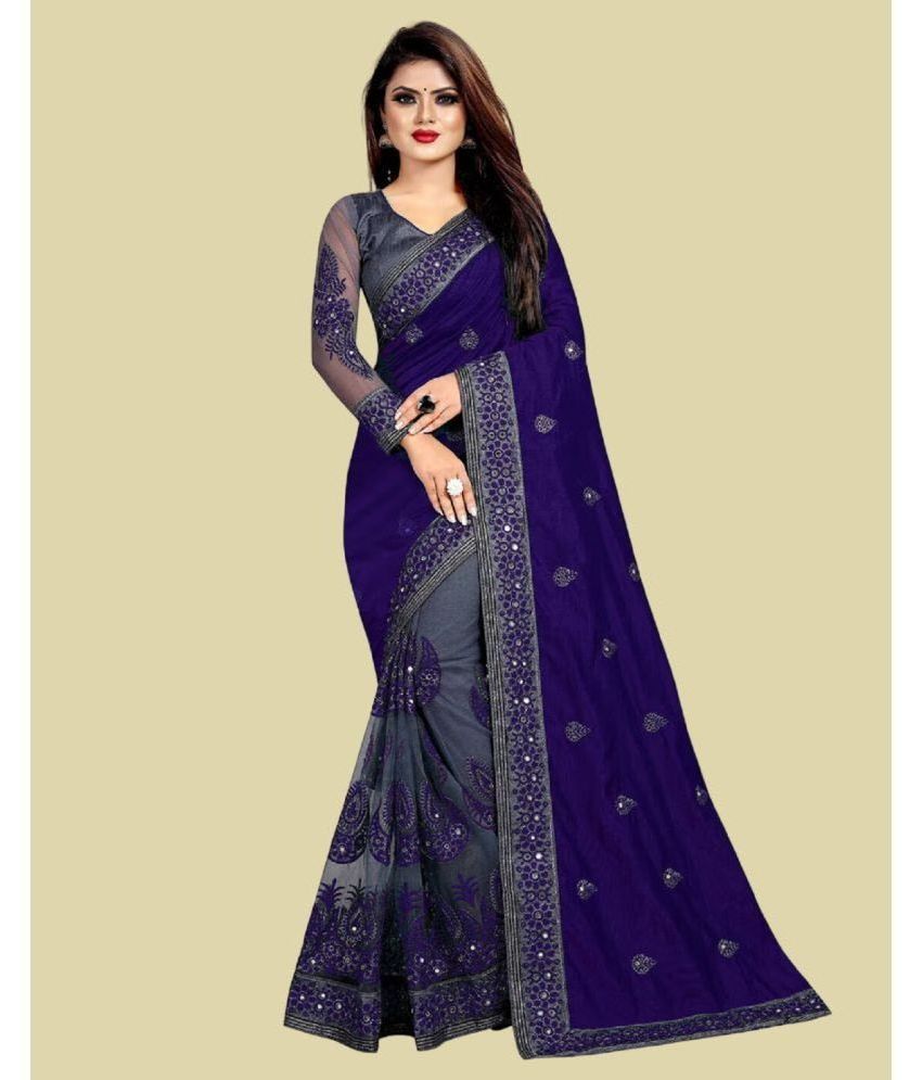     			Apnisha Silk Blend Embroidered Saree With Blouse Piece - Navy Blue ( Pack of 1 )