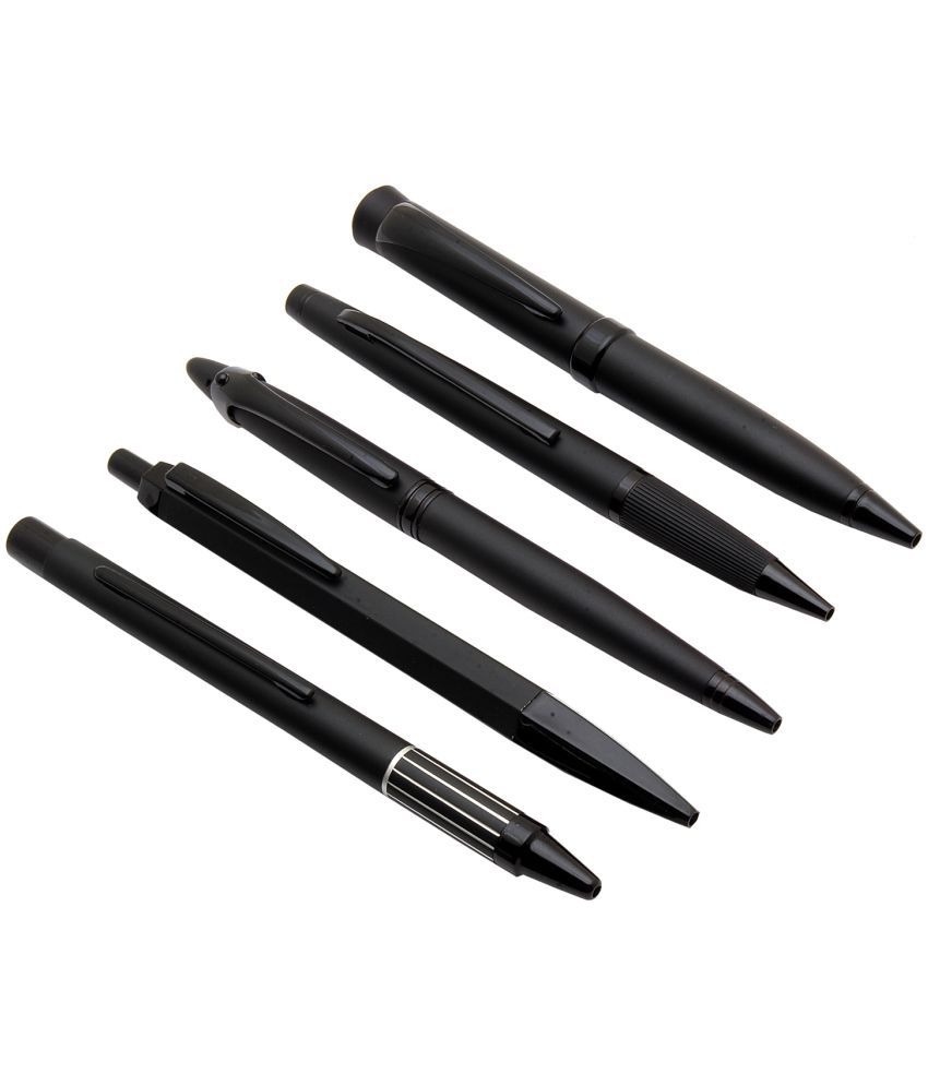     			Srpc Set Of 5 Retractable Ballpoint Pens Black Metal Body With Blue Refill