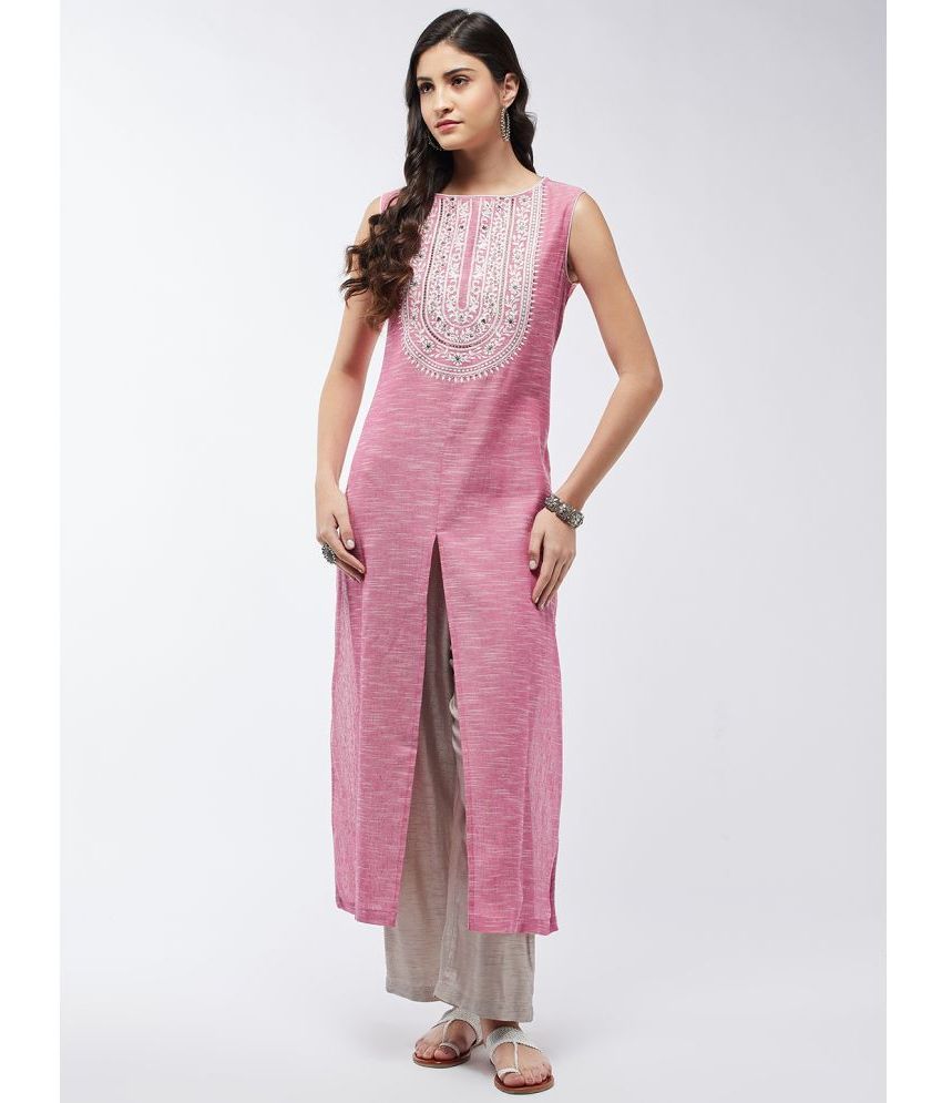     			Pannkh Cotton Blend Embroidered Straight Women's Kurti - Pink ( Pack of 1 )