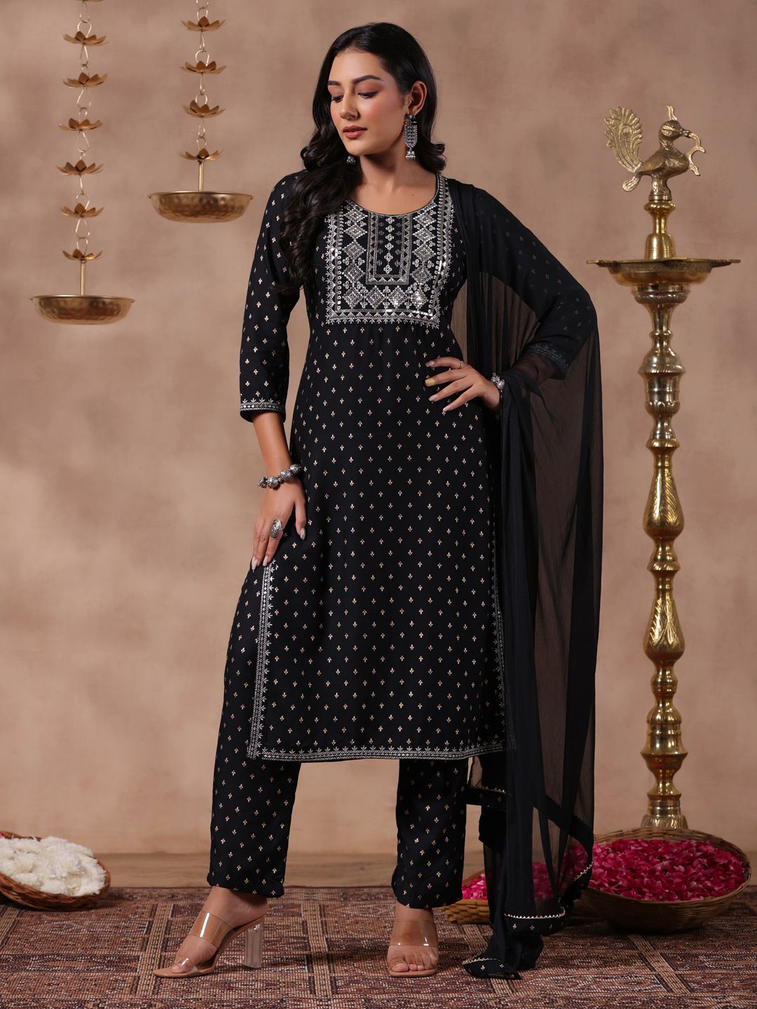     			Anubhutee Rayon Embroidered Kurti With Pants Women's Stitched Salwar Suit - Black ( Pack of 1 )