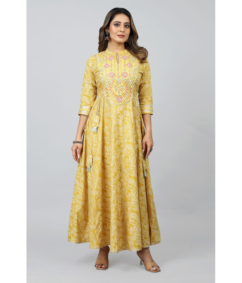     			SARRAS Cotton Printed Anarkali Women's Kurti - Yellow ( Pack of 1 )