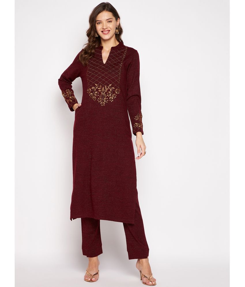     			zigo Woollen Embroidered Kurti With Palazzo Women's Stitched Salwar Suit - Maroon ( Pack of 1 )