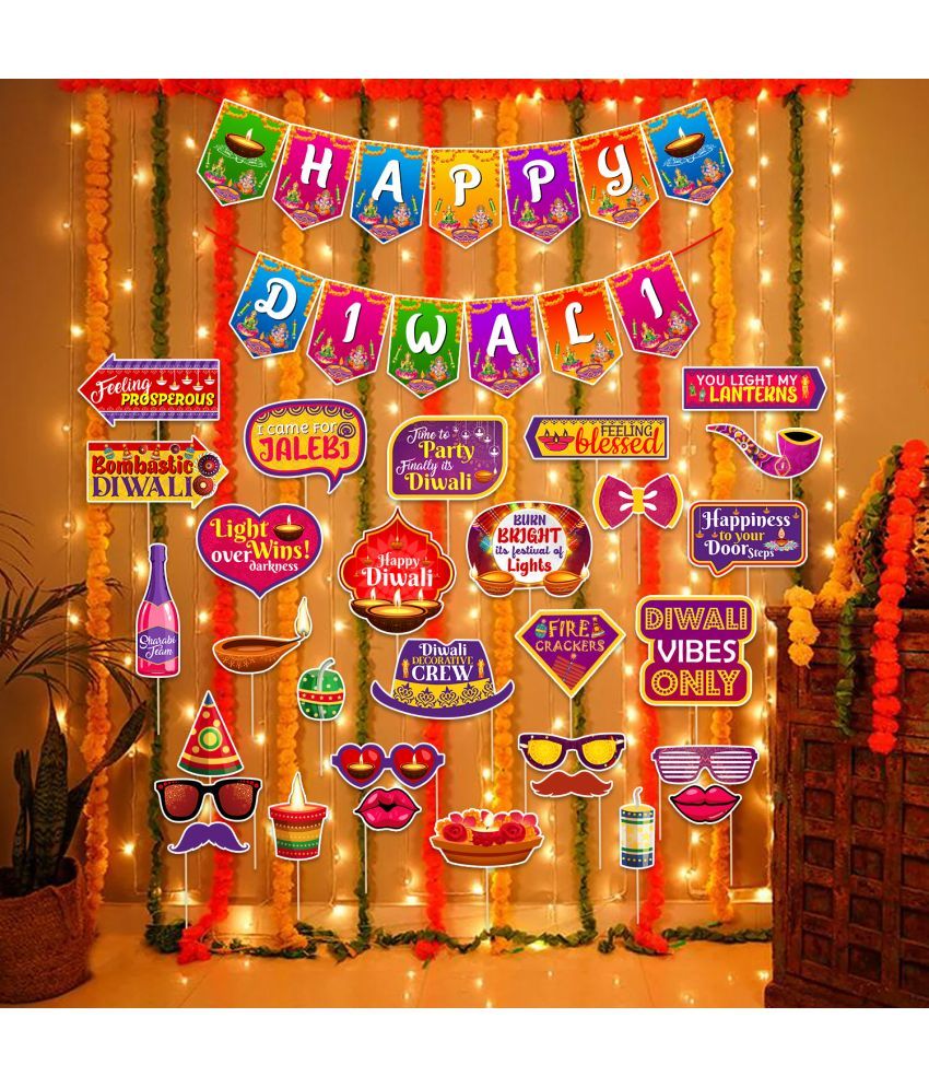     			ZYOZI Diwali Decorations Kit Combo, Diwali Festival Of Lights, Party Decoration Supplies - Happy Diwali Banner with Photo Booth Props & Rice Light (Pack of 32)