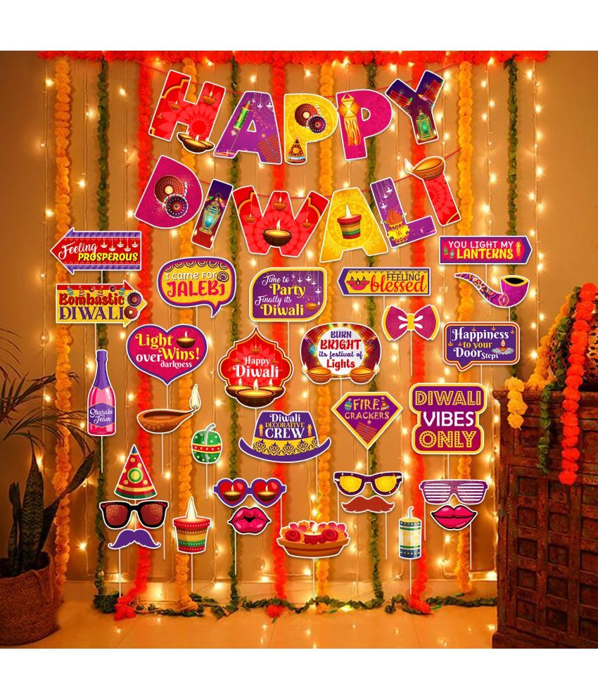     			ZYOZI Happy Diwali Party Decoration Supplies, Festival Of Lights Prop, Diwali Decorations Set - Banner, Photo Booth Props & Rice Light (Pack Of 32)