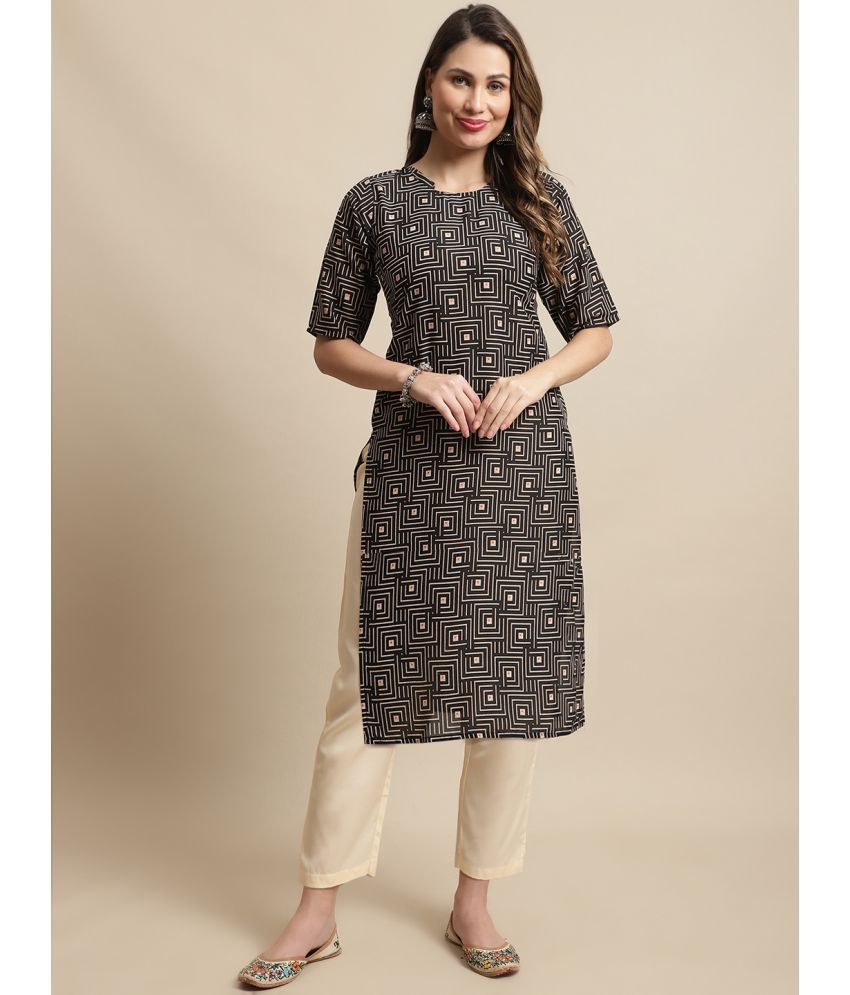     			7Threads Crepe Printed Straight Women's Kurti - Black ( Pack of 1 )