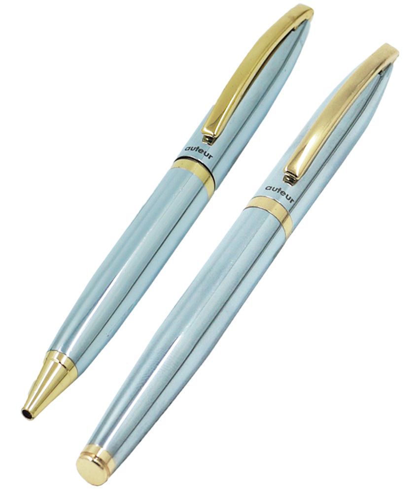     			Auteur 156 Metal Body Silver Colour Roller Ball Pen and Ball Pen Set with Gold Plated Clip - Executive Stylish Design