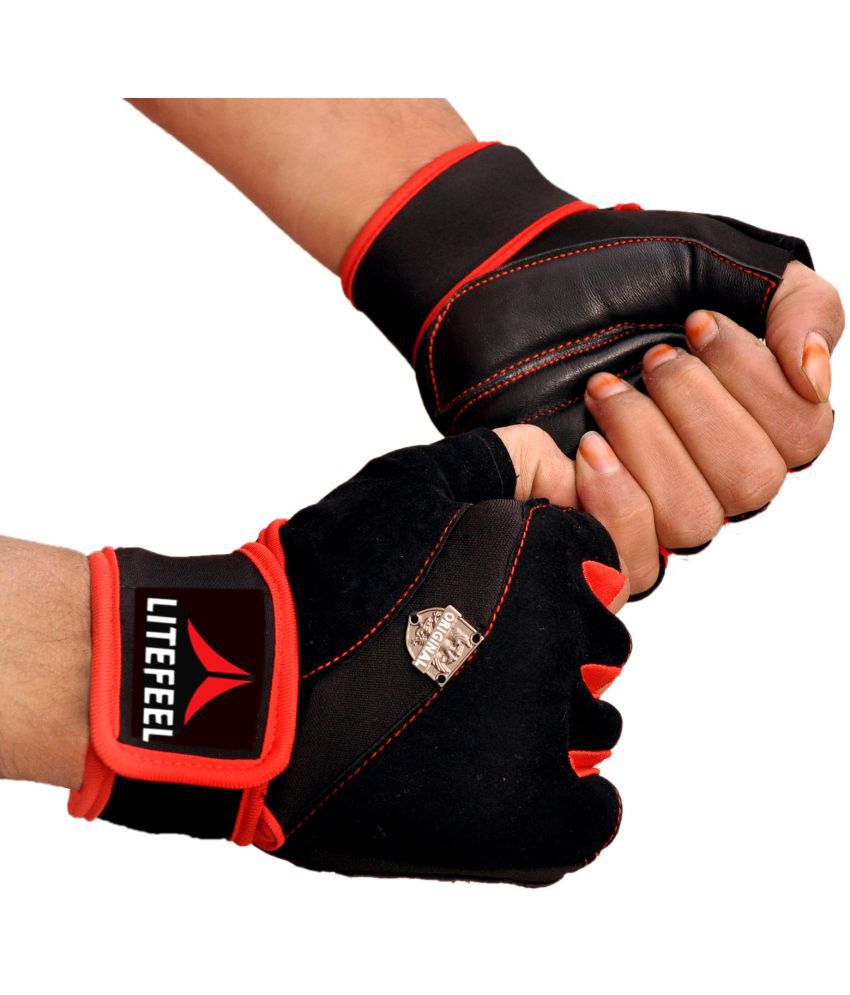     			LITE FEEL Fancy Leather Padded Unisex Polyester Gym Gloves For Advanced Fitness Training and Workout With Half-Finger Length