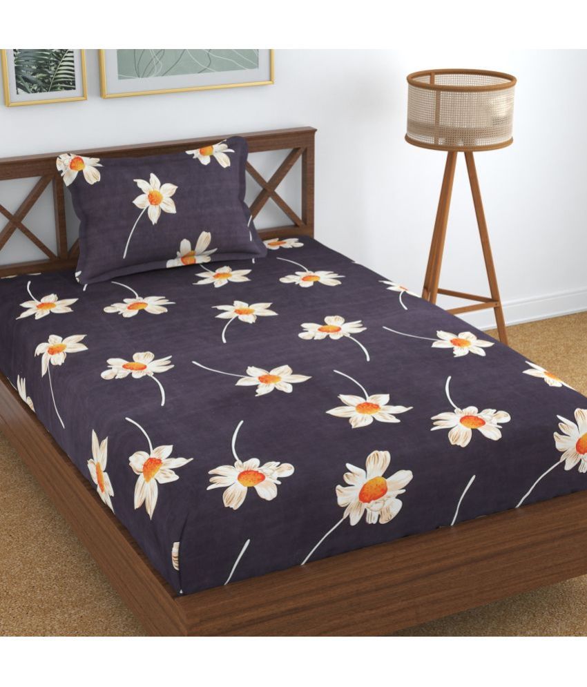     			Homefab India Microfiber Floral Single Size Bedsheet with 1 Pillow Cover - Dark Grey