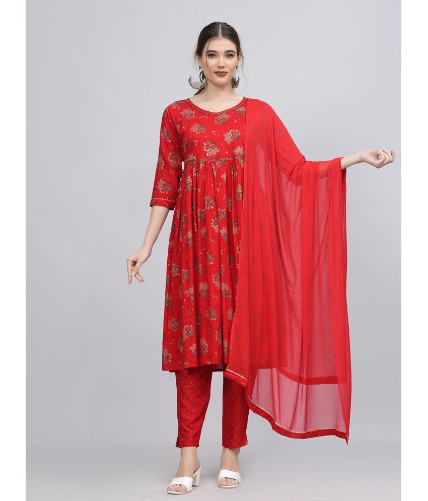     			JC4U Rayon Printed Kurti With Pants Women's Stitched Salwar Suit - Red ( Pack of 1 )